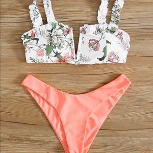 Neon pink and floral bikini set